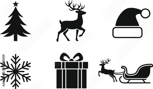 Christmas holiday icons set, tree reindeer sleigh gift snowflake santa hat symbols collection, winter celebration design, flat vector illustration