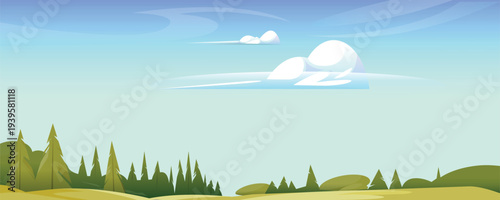 Fluffy Clouds Over Pine Forest and Green Meadows Under Bright Blue Sky