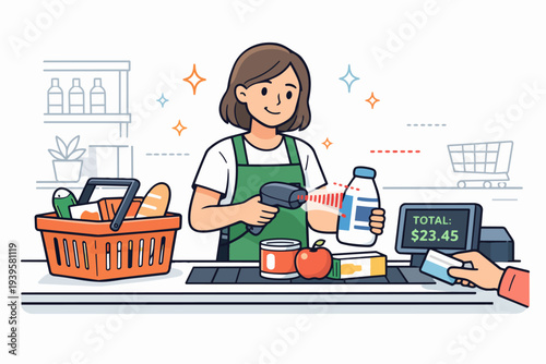 Cashier scanning groceries at supermarket checkout, customer paying with credit card