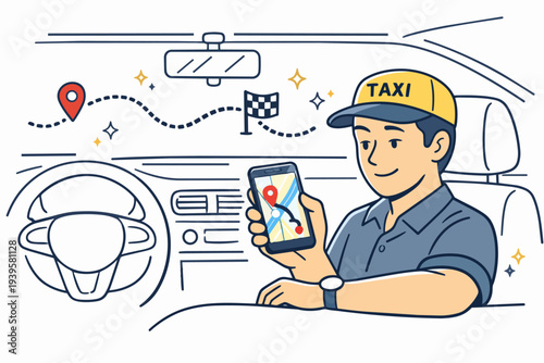 Taxi driver using smartphone navigation app for ride-sharing destination