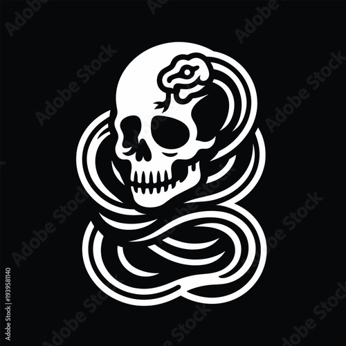 A white vector icon set of a skull with swirling lines on a black background, conveying a bold and graphic design element.