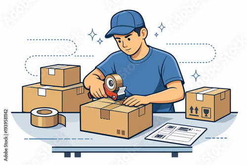 Delivery service worker taping cardboard box for shipping in a logistics warehouse