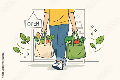Person walking from store with reusable bags, practicing sustainable grocery shopping