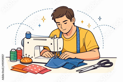 Male fashion designer sewing clothes on machine, creating custom garments
