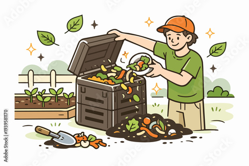 Person composting organic waste in a garden, recycling kitchen scraps for healthy soil