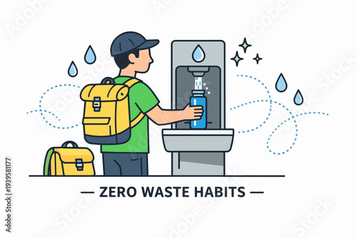 Tourist refilling reusable water bottle at public station, promoting zero waste