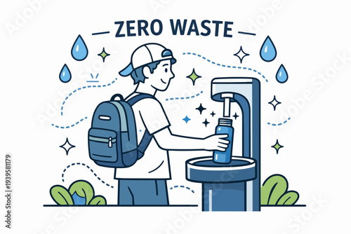 Young man refilling reusable bottle at water station promoting zero waste