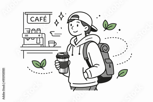 Young man with a backpack holding coffee, standing in front of a cafe