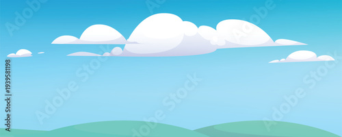 Fluffy White Clouds Over Gentle Green Hills Under Bright Blue Sky