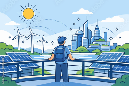 Person observing a sustainable city powered by wind turbines and solar panels