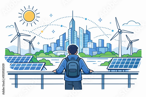 Person observing smart city landscape with renewable energy sources