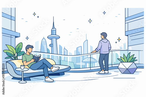 Urban dwellers relaxing on a high-rise balcony, enjoying a futuristic city skyline view