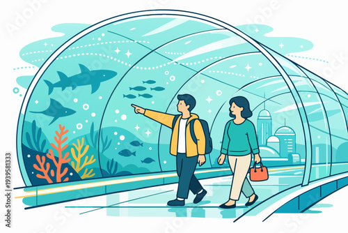 People observing sharks and marine life in an underwater aquarium tunnel