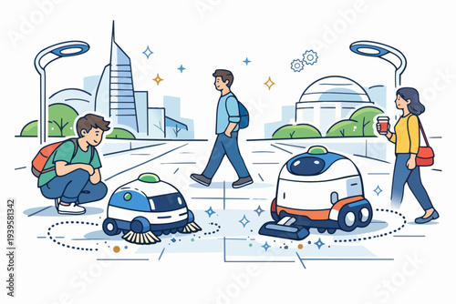 People walking in smart city with autonomous cleaning robots on futuristic street