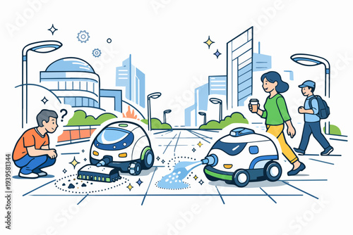 Autonomous cleaning robots working on a smart city street, people walking