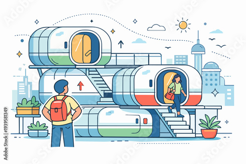 People interacting with modular urban living spaces and capsule hotel accommodation