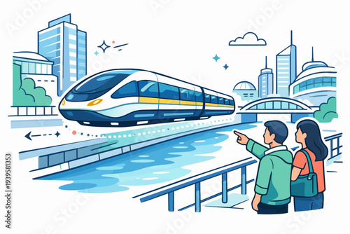People watching futuristic maglev train moving through modern city riverside