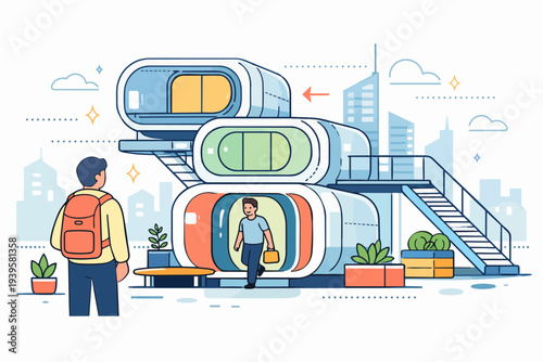 Man looking at futuristic modular pod housing in modern city