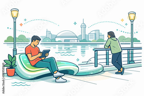 Man relaxing in city park using digital tablet, a futuristic urban waterfront scene