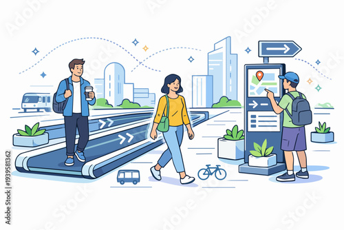Commuters using smart city navigation with various urban transportation options