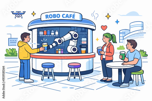 Robot arm serving coffee to customers at futuristic automated cafe kiosk