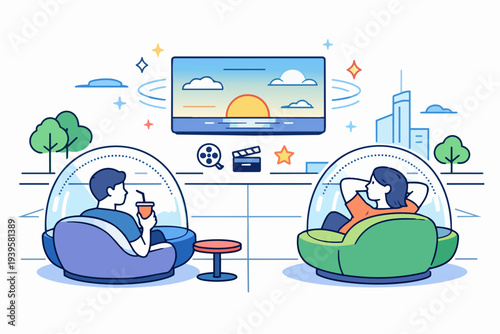 Two people enjoying a movie experience in future isolated viewing pods