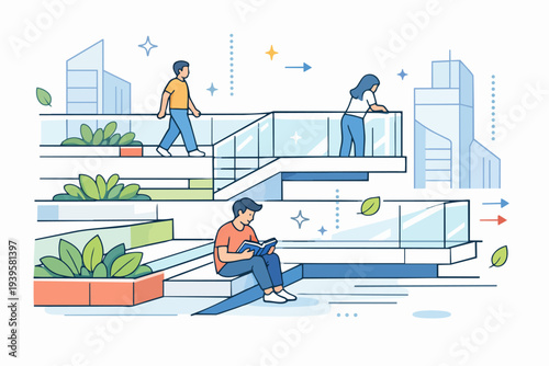 People relaxing and walking in a modern green urban park landscape