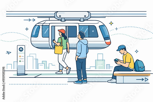 Commuters waiting and boarding monorail train at city public transport station