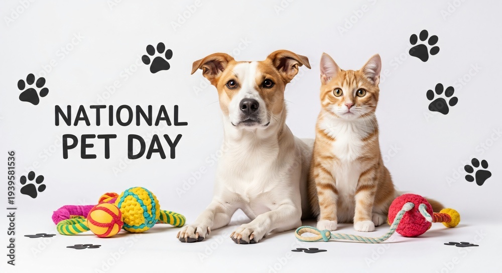 Fototapeta premium Dog and cat sitting together with colorful toys