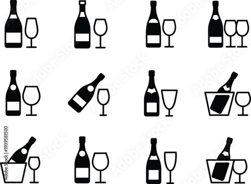 Wine bottle and glass icons collection with champagne bottle drink celebration bar beverage cad drawing flat vector illustration
