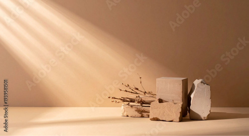 Soft natural light on stacked stone blocks with dry twigs