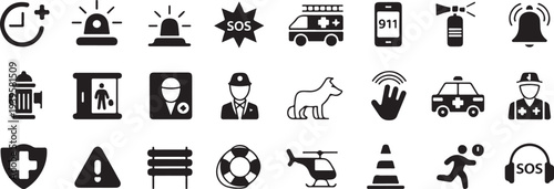 emergency icons set black and white safety rescue symbols grid