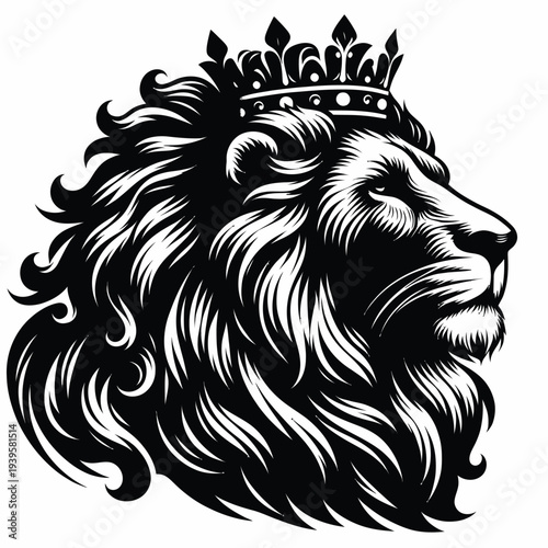 A black and white vector illustration of a lion's head wearing a crown, icon set design with bold lines and shading on a clean white background.