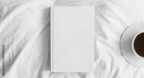 Blank book and coffee on white bed sheets