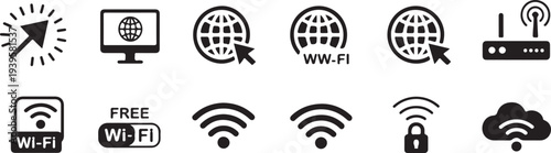 wifi web cursor monitor router signal wireless cloud access icon set