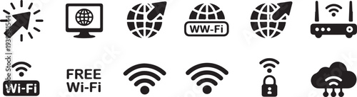 wifi pointer click globe world web cloud hotspot wireless icons pack