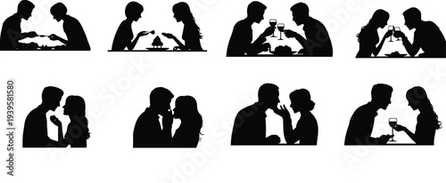Black silhouette collection of romantic couples dining kissing and toasting with wine isolated on white background, vector illustration for Valentines Day and wedding anniversary design assets.