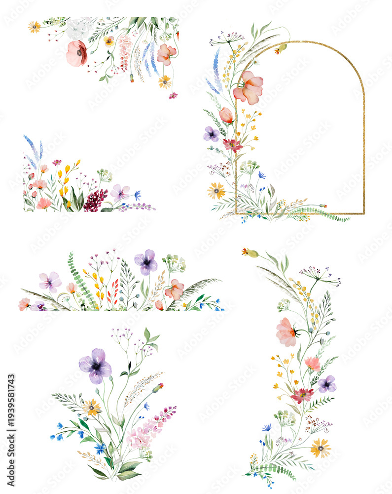 Naklejka premium Watercolor hand drawn wildflowers clipart set, botanical isolated illustration for event stationery