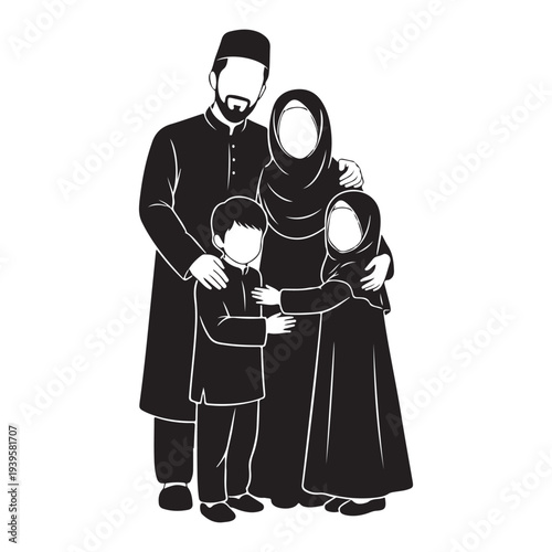 Muslim family portrait silhouette illustration showing happy parents and children