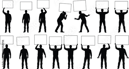 Black silhouettes of people holding blank signs protest