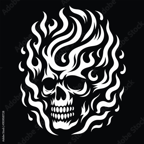 Vector illustration of a stylized flaming skull icon with bold white lines on a solid black background, creating a striking graphic design element.