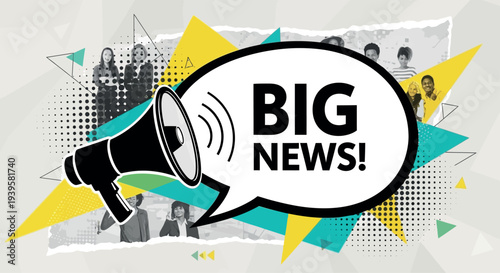 Big News Megaphone Banner: Black and White Loudspeaker with Speech Bubble on Abstract Geometric Background for Marketing and Viral Social Media Announcements

