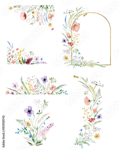Watercolor hand drawn wildflowers clipart set, botanical isolated illustration for event stationery