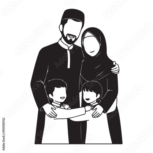 Muslim family portrait silhouette illustration showing happy parents and children
