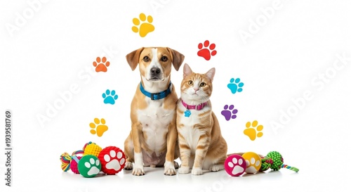 Dog and cat sitting with colorful pet toys around them