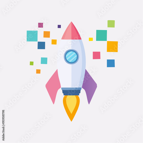 A colorful cartoon rocket ship soaring through a vibrant digital galaxy, representing innovation and startup growth