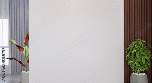 Modern interior with potted plants and empty wall space for design