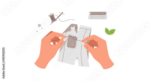 Hands Mending Torn Fabric with Needle and Thread. Sustainable Repair and DIY Clothing Care Concept Illustration.