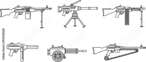 Detailed vector illustration set of various military machine guns presented in a blueprint style for historical defense or technical design projects isolated on white background
