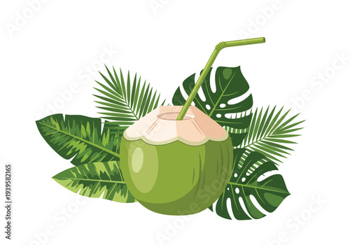 A refreshing green young coconut drink with a straw, elegantly surrounded by lush tropical palm leaves.